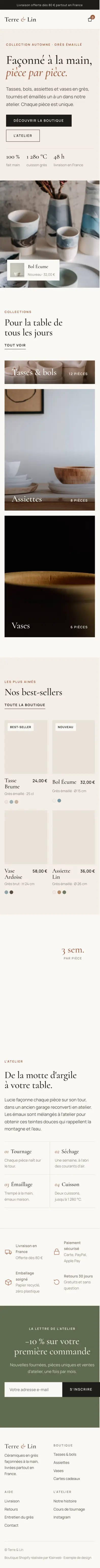 Page d'accueil de la boutique Terre & Lin sur téléphone